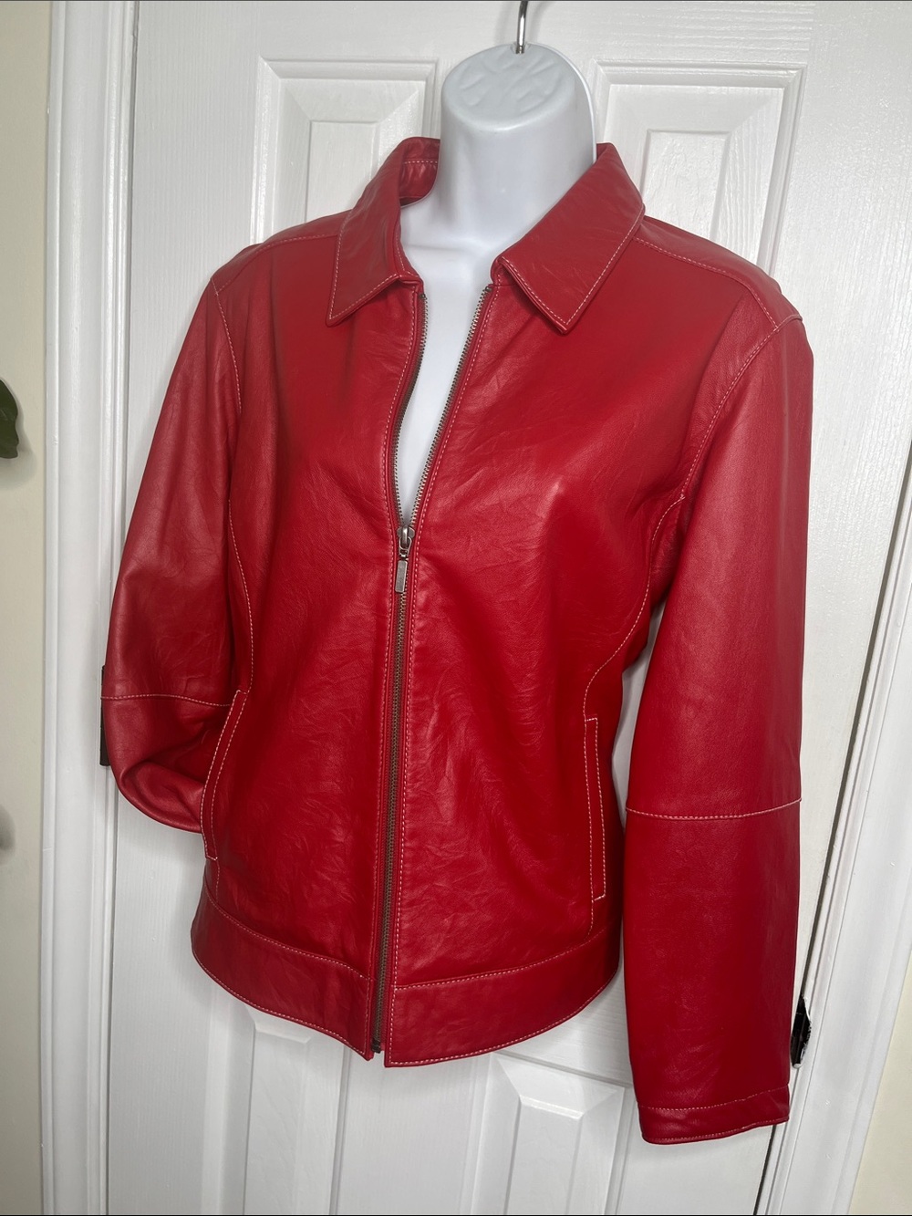 Red Leather Zip Jacket with Contrast Stitching Size Medium